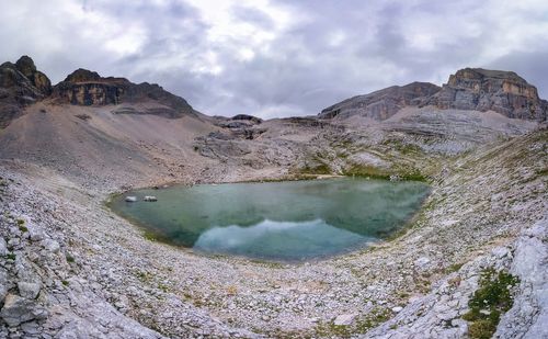 Scenic view of lake and mountains at fanes-sennes-prags nature park