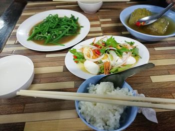 High angle view of meal served on table