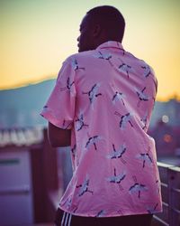 Rear view of woman standing against sky during sunset