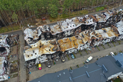 Top view of the destroyed and burnt houses. houses were destroyed by rockets from russian soldiers.