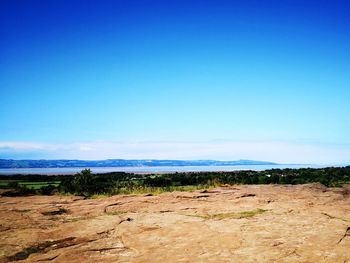 Scenic view of landscape against clear blue sky