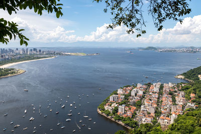 High angle view of sea against sky, houses on the coast line of rio de janeiro 