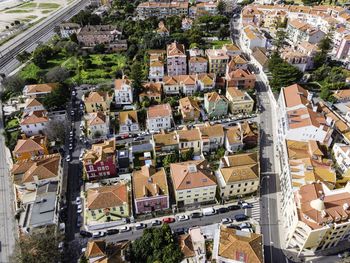 High angle view of buildings in town