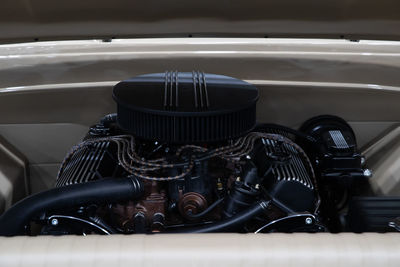 Close-up of an engine in a vintage muscle car