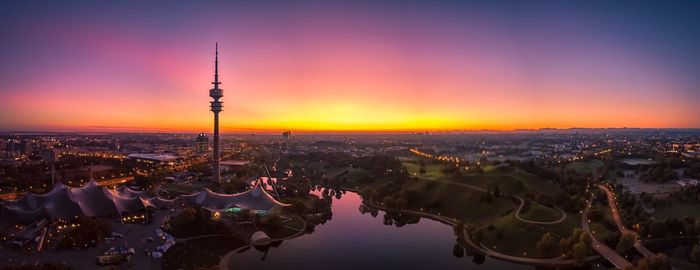 Aerial view of city during sunset