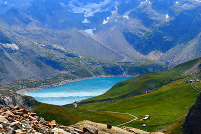 Aerial view of lake and mountains