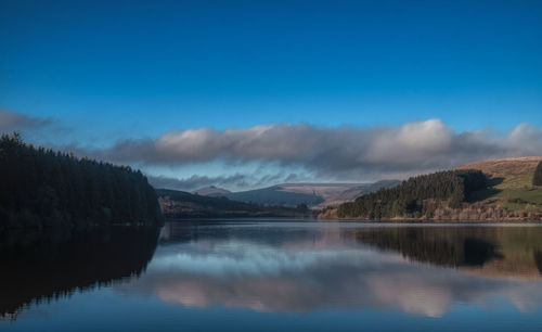 Scenic view of lake and mountains against blue sky