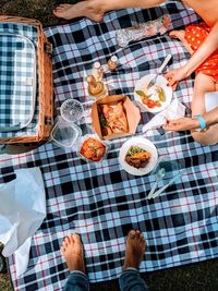 High angle view of people having food