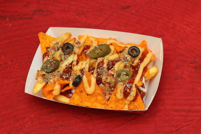 High angle view of food in plate on table