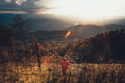 Rear view of man with arms outstretched standing on mountain