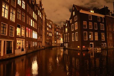 Reflection of buildings on water at dusk