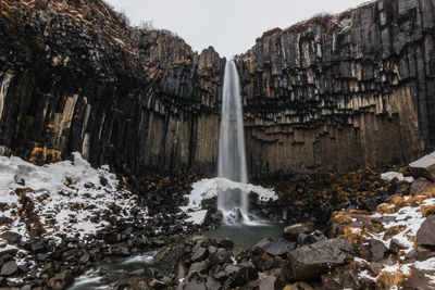 Scenic view of waterfall against sky during winter