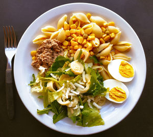 High angle view of meal served on table