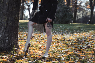 Low section of person standing by tree in forest during autumn