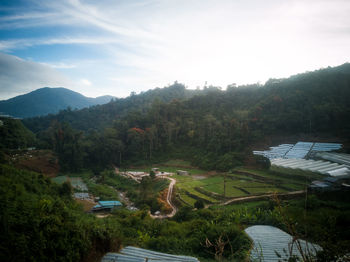 High angle view of green landscape against sky