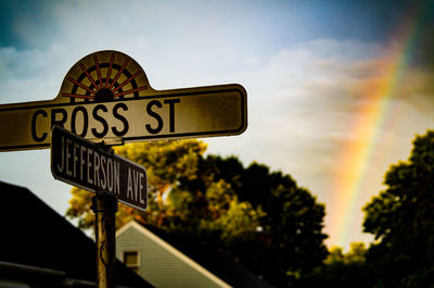 Low angle view of road sign against sky