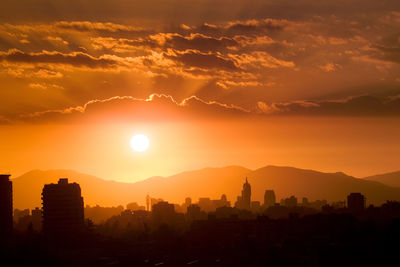 Silhouette cityscape against sky during sunset