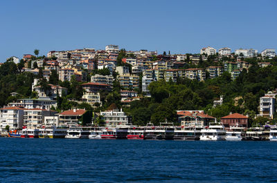 Townscape by sea against clear sky