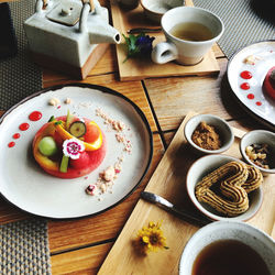 High angle view of breakfast on table