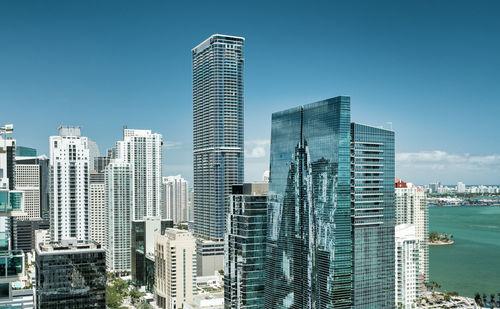 Modern buildings in city against clear sky