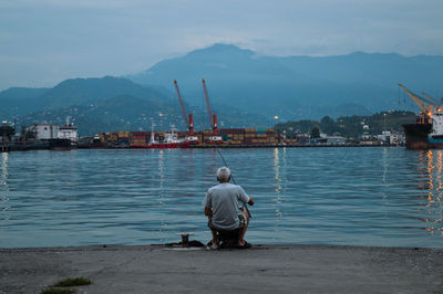 Rear view of man looking at harbor