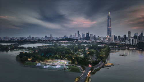 High angle view of city at night