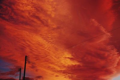 Low angle view of electricity pylon against cloudy sky