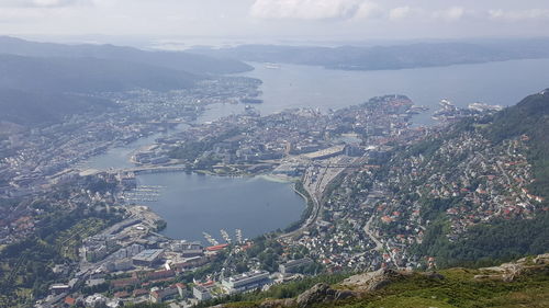 Aerial view of residential district against sky