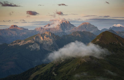 Scenic view of mountains against sky during sunset