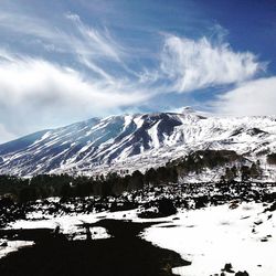 Snow covered mountains against cloudy sky