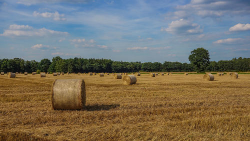 Hay bales on field against sky