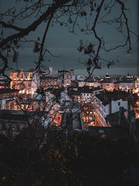 High angle view of illuminated buildings at night