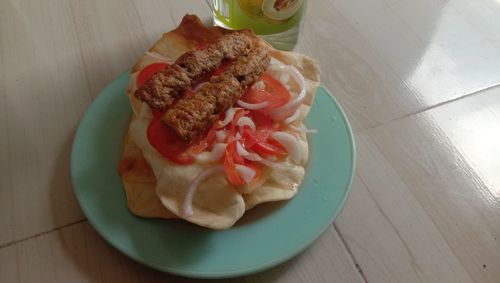 High angle view of breakfast served on table