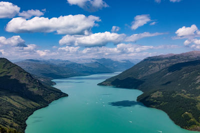 Aerial view of lake in between mountains