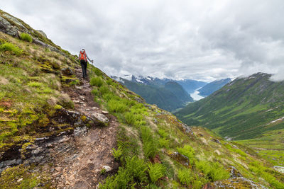 Rear view of man standing on mountain against sky