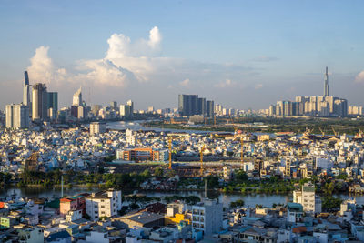 Ho chi minh city panorama at sunset with landmark 81 and bitexco financial tower in vietnam