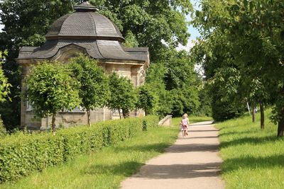 Rear view of people walking on grass against trees