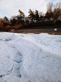 Scenic view of snow covered land against sky