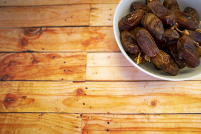 High angle view of meat in bowl on table