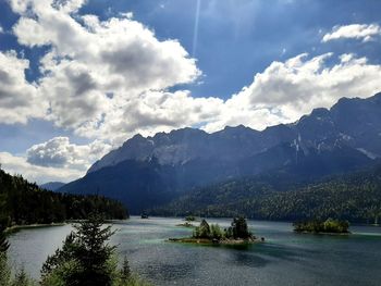 Scenic view of lake and mountains against sky