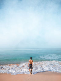 Rear view of man standing at beach against sky