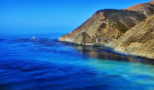 Scenic view of sea against clear blue sky