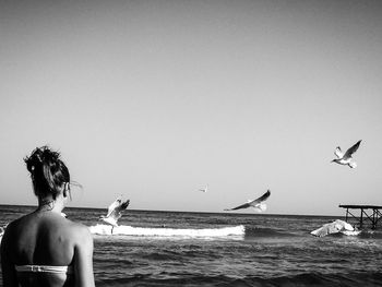 Rear view of woman standing against birds flying over sea