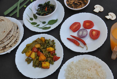 High angle view of meal served on table