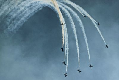 Low angle view of fighter planes performing air show in cloudy sky