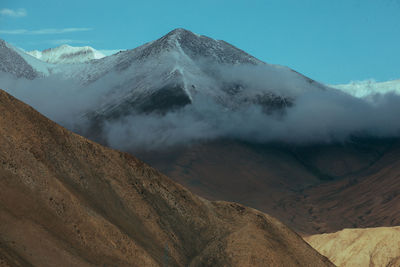 Scenic view of snowcapped mountains against clear blue sky