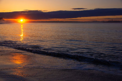 Scenic view of sea against romantic sky at sunset