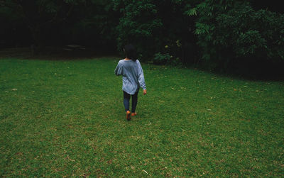 Rear view of a man walking on grassland