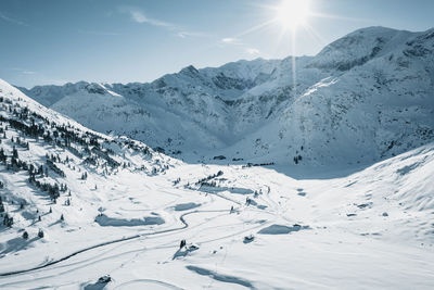 Aerial view at snow covered highlands winter wonderland in sportgastein, salzburg, austria