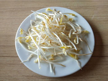 High angle view of noodles in bowl on table